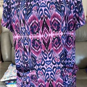 Uniform Advantage Scrub Top  Purples and Blues Ikat Patterned Boho Tunic Large
